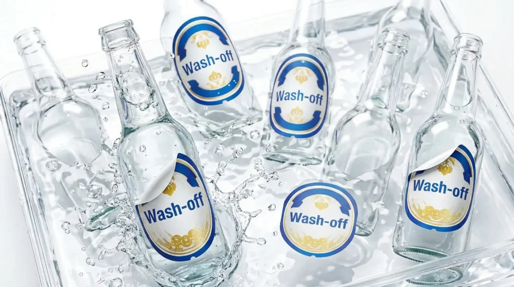 Klare Glasflaschen mit blau-weißen Wash-off-Etiketten in Wasserschale – abwaschbare Etiketten