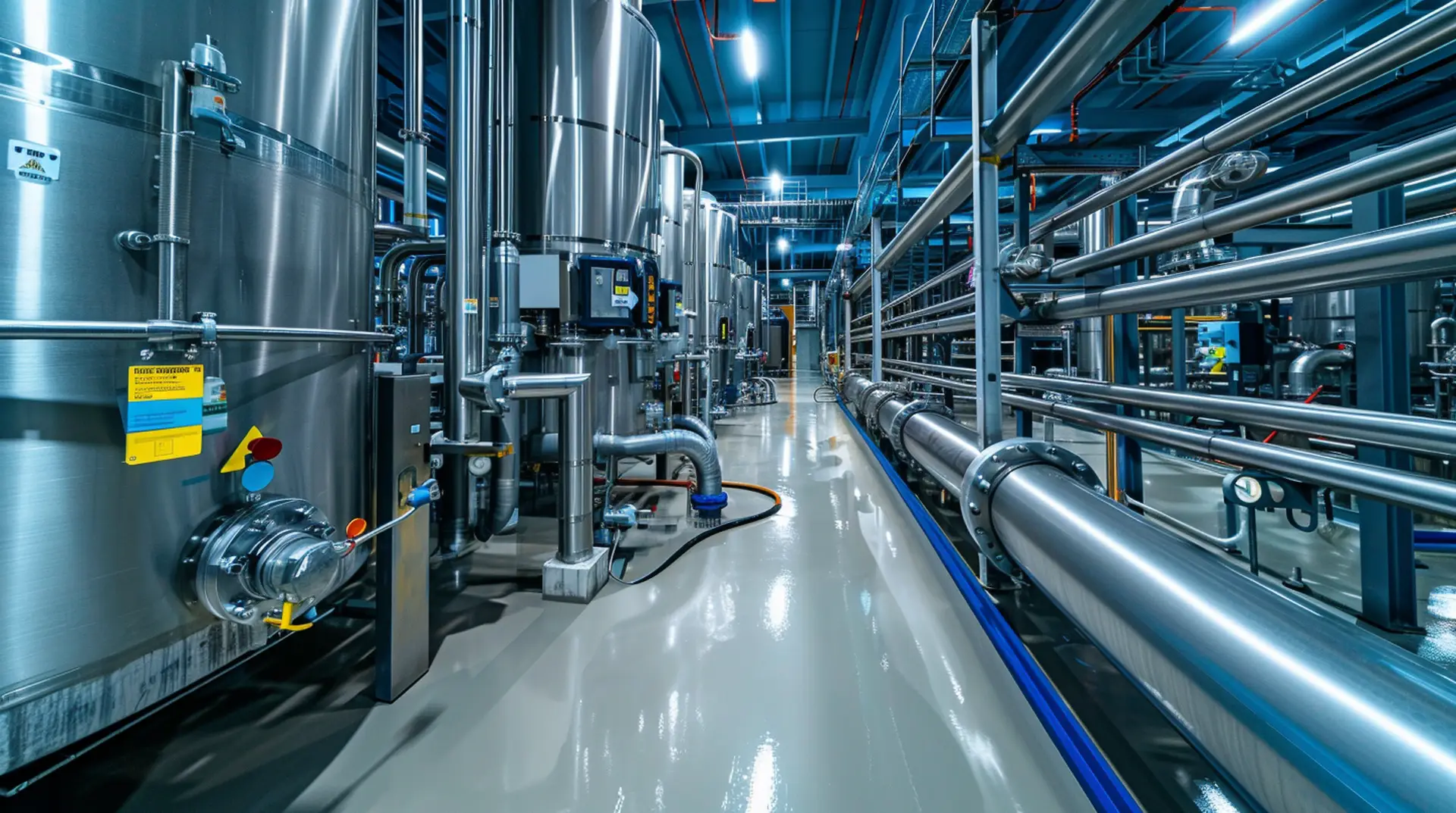 Moderne Wasseraufbereitungsanlage mit Edelstahltanks und gelben Warnetiketten – Wasserversorgung